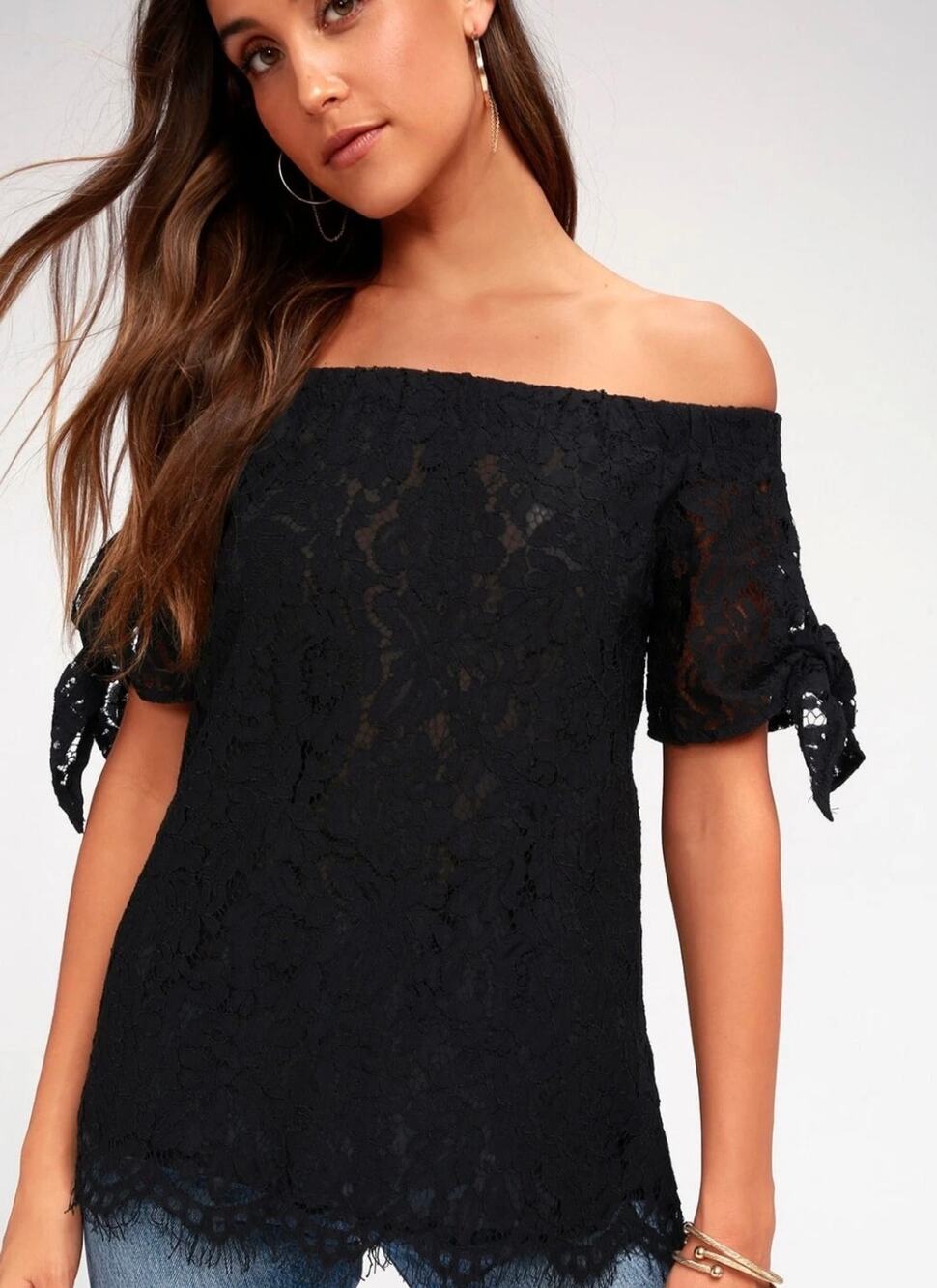 Lulu’s Ethereal View Black Lace Off Shoulder Top Medium Boho